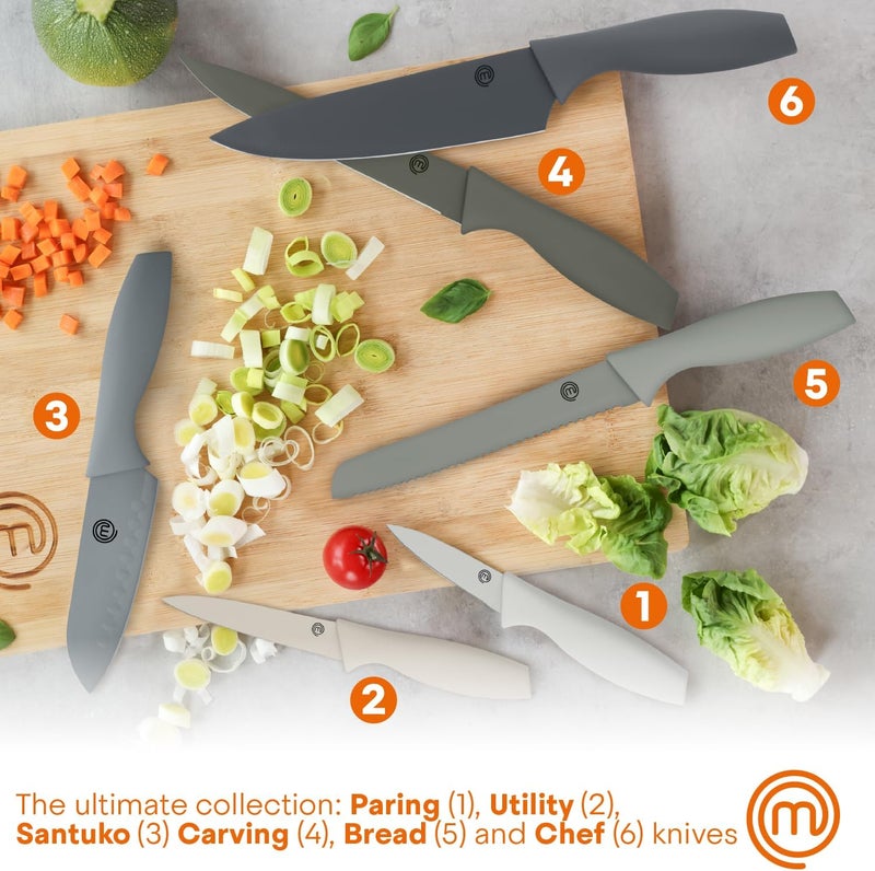 Master Chef Knife Block Set of 6 Kitchen Knives, Extra Sharp Stainless Steel Blades for Professional Cutting with Non Stick Coating & Soft Touch Easy Grip Handles in a Universal Holder, Earth Greys - Image 2